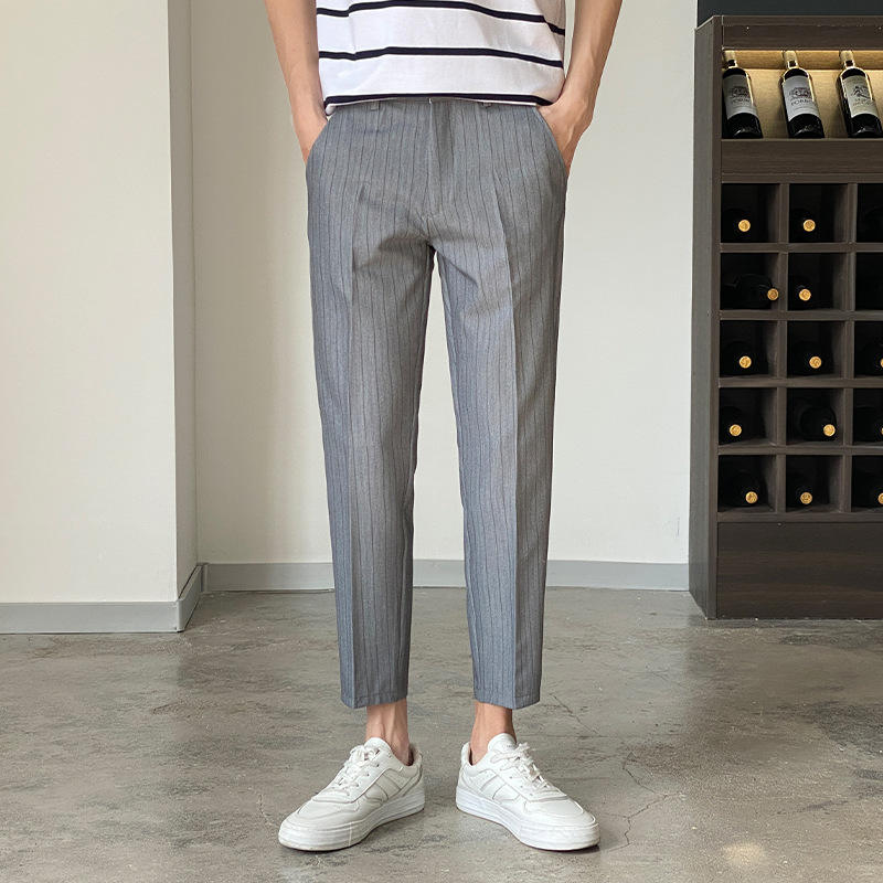 Quality trousers men's summer casual elastic band suit pants men's TR fabric slim stripes