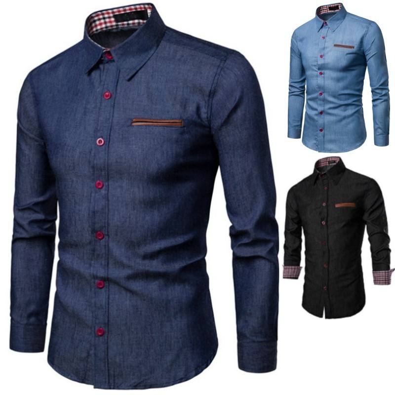 2024 Spring and Autumn Popular Men's Casual Shirts Pocket Patchwork Leather Cotton Slim Long-sleeved Denim Shirts